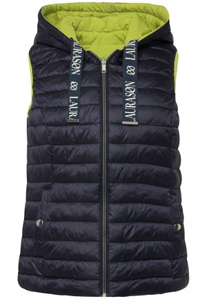 Navy puffer vest with a bright green hood lining, zip closure, logoed straps, and horizontal quilted design. Features side pockets.