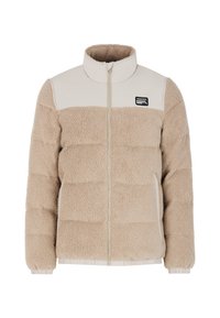 Doudoune beige et crème en tissu texturé avec un col haut, une fermeture éclair sur le devant et un patch logo sur la poitrine gauche.