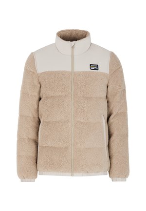 Puffa jakna u boji mesa i kreme izrađena od teksturiranog materijala, s visokim ovratnikom, prednjim patentnim zatvaračem i logotipom na lijevoj strani prsnog koša.