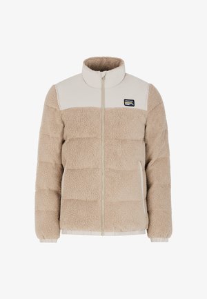 Puffa jakna u boji mesa i kreme izrađena od teksturiranog materijala, s visokim ovratnikom, prednjim patentnim zatvaračem i logotipom na lijevoj strani prsnog koša.