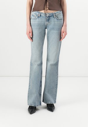 Helle blaue, ausgestellte Jeans aus Denim, mit einer ausgewaschenen Optik, fünf Taschen und einem Knopfverschluss sowie detaillierter Naht an der Taille.