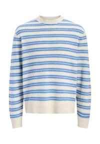 Pull en maille de couleur crème avec des rayures horizontales bleues, col rond, poignets et ourlet côtelés.