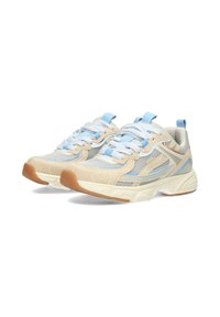 Coppia di sneaker atletiche beige e azzurro chiaro con dettagli in mesh e suede, lacci bianchi e suole in gomma color naturale su sfondo bianco.
