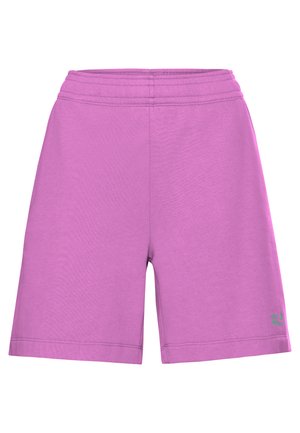 Shorts en coton violet avec une taille élastique, une coupe jusqu'aux genoux, et un petit logo vert près de l'ourlet.