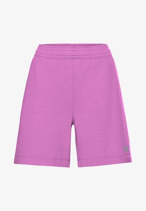 Shorts en coton violet avec une taille élastique, une coupe jusqu'aux genoux, et un petit logo vert près de l'ourlet.