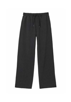 Sorte bukser med vide ben og hvide lodrette striber, med elastik i taljen og snøre. Glat stoftekstur, løs pasform.