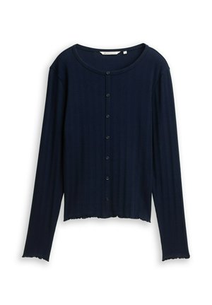 Marineblauer, langärmliger, gerippter Cardigan mit rundem Ausschnitt und kleinen Knöpfen vorne, leicht geraffte Säume.