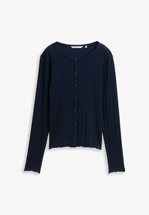 Marineblauw, ribgebreid vest met lange mouwen, een ronde halslijn en kleine knoopjes aan de voorkant, met licht gerimpelde zoom.