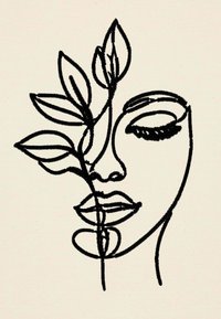 Disegno a linea nera di un volto con occhi chiusi, che integra una pianta con foglie, su sfondo beige chiaro. Design semplice e minimalista.
