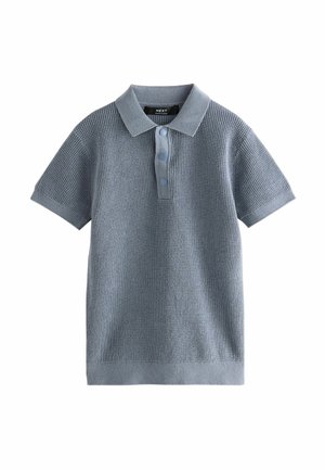 Polo shirt in azzurro chiaro a maglia, con un motivo testurizzato, maniche corte e un'apertura a tre bottoni con bottoni blu a contrasto.