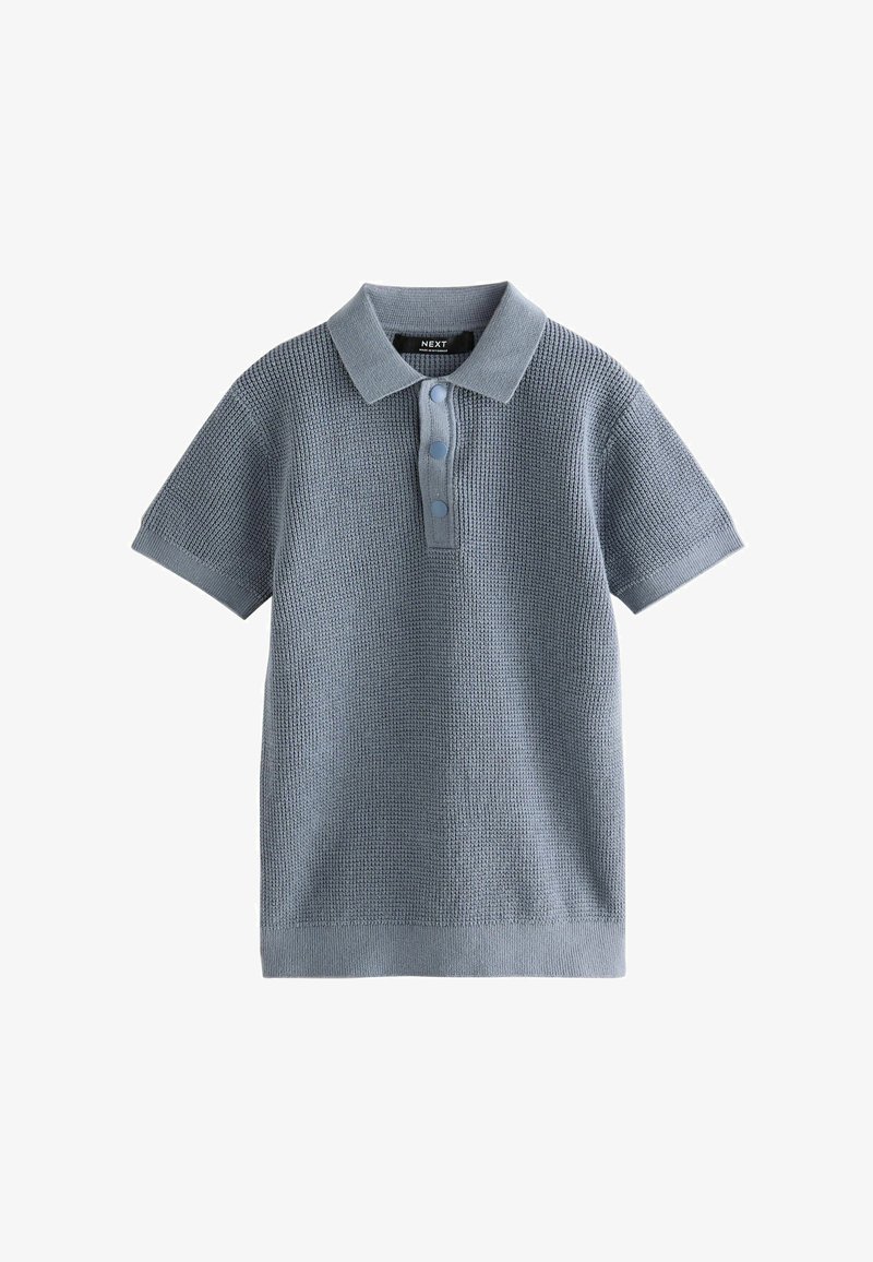 Short-sleeve light blue knit polo shirt with three buttons and a collar, displayed against a white background.
