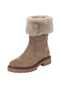 Beige mocka vinterkänga med tjock gummisula och vikbar plyschfuskpäls, midkalvhöjd, och broderad logotyp nära hälen.