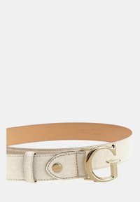 White fabric belt featuring a subtle pattern, gold hardware with a prominent 'G' buckle, and a smooth tan interior lining.
