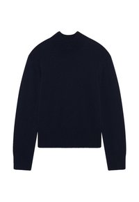 Maglione lavorato a maglia blu navy con un alto colletto a costine e polsini a costine. Il design è semplice, con una vestibilità accorciata e una silhouette classica.
