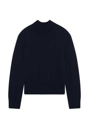 Suéter de punto azul marino con un alto cuello acanalado y puños acanalados. El diseño es simple, con un corte cropped y una silueta clásica.