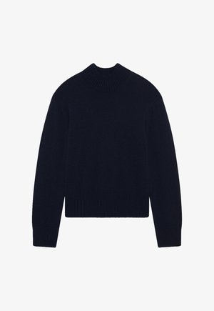 Maglione lavorato a maglia blu navy con un alto colletto a costine e polsini a costine. Il design è semplice, con una vestibilità accorciata e una silhouette classica.