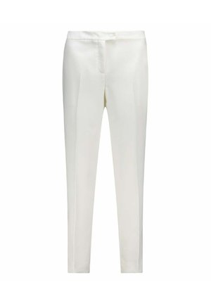 Pantalons blancs ajustés présentant une texture lisse, une coupe droite et de subtils plis avant, avec une taille classique et sans éléments de fermeture visibles.