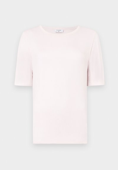 T-shirt curta de manga curta em rosa claro, feita de material suave, com um decote redondo e um design simples e reto. Estilo minimalista.
