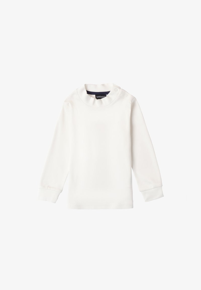 Langärmliges weißes Oberteil aus weichem Stoff, mit rundem Kragen und Knopf-Details sowie gerippten Bündchen. Einfaches und minimalistisches Design.