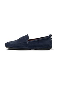 Mocasines de ante azul marino con un diseño elegante, que presentan una costura y una suela de goma delgada para mayor flexibilidad y comodidad.