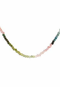 Collar de piedras preciosas facetadas que presenta un degradado de cuentas en tonos rosa, verde y azul, exhibiendo tonalidades variadas y una textura suave.