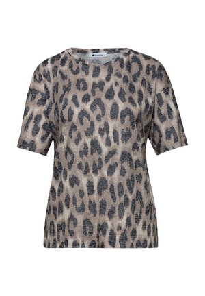 Beige ja harmaan leopardikuvioitu lyhythihainen T-paita, jossa pyöreä pääntie ja rento istuvuus.