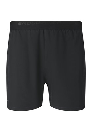 Shorts de sport noirs avec ceinture élastique portant l'inscription "ENDURANCE", tissu lisse et longueur mi-cuisse.