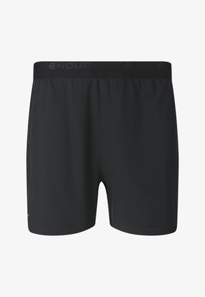 Shorts de sport noirs avec ceinture élastique portant l'inscription "ENDURANCE", tissu lisse et longueur mi-cuisse.