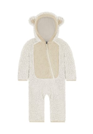 Cremefarbener Fleece-Overall mit strukturierten Oberflächen, Reißverschluss und einer Kapuze mit kleinen Ohren. Weiches beiges Brustpanel inklusive.