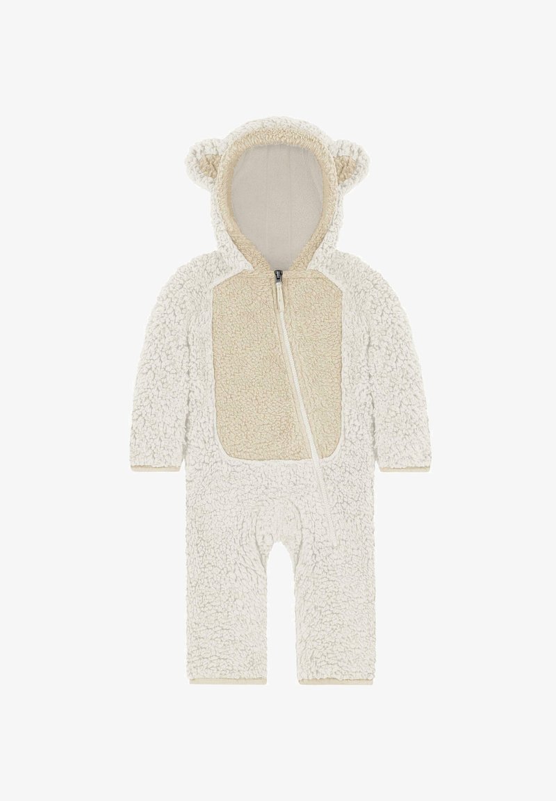 Cremefarbener Fleece-Overall mit strukturierten Oberflächen, Reißverschluss und einer Kapuze mit kleinen Ohren. Weiches beiges Brustpanel inklusive.