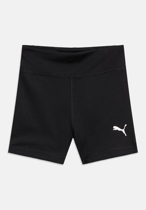 Crne sportske hlačice s visokim pojasom i bijelim Puma logotipom na donjoj desnoj nozi, prikazane na jednobojnoj svijetloj pozadini.