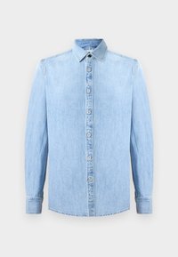 Lichtblauw denim overhemd met lange mouwen, een knoopsluiting aan de voorkant en een klassieke kraag. Heeft een gladde textuur en gestikte accenten.