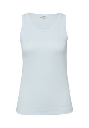Débardeur bleu clair côtelé sans manches avec encolure ronde et étiquette de la marque s.Oliver à l'intérieur du col arrière.