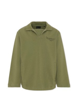 Pullover verde oliva a maniche lunghe con colletto, tasche frontali e logo "Givenchy" con indirizzo di Parigi sul petto sinistro.