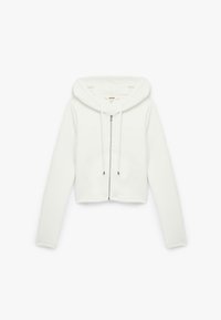 Geknipte witte hoodie van zachte stof met een rits aan de voorkant, een trekkoordkap en lange mouwen met ribgebreide manchetten.