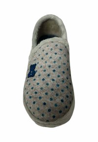 Soft gray slipper with blue polka dots and a small blue teddy bear detail, lined with plush fabric for indoor comfort.