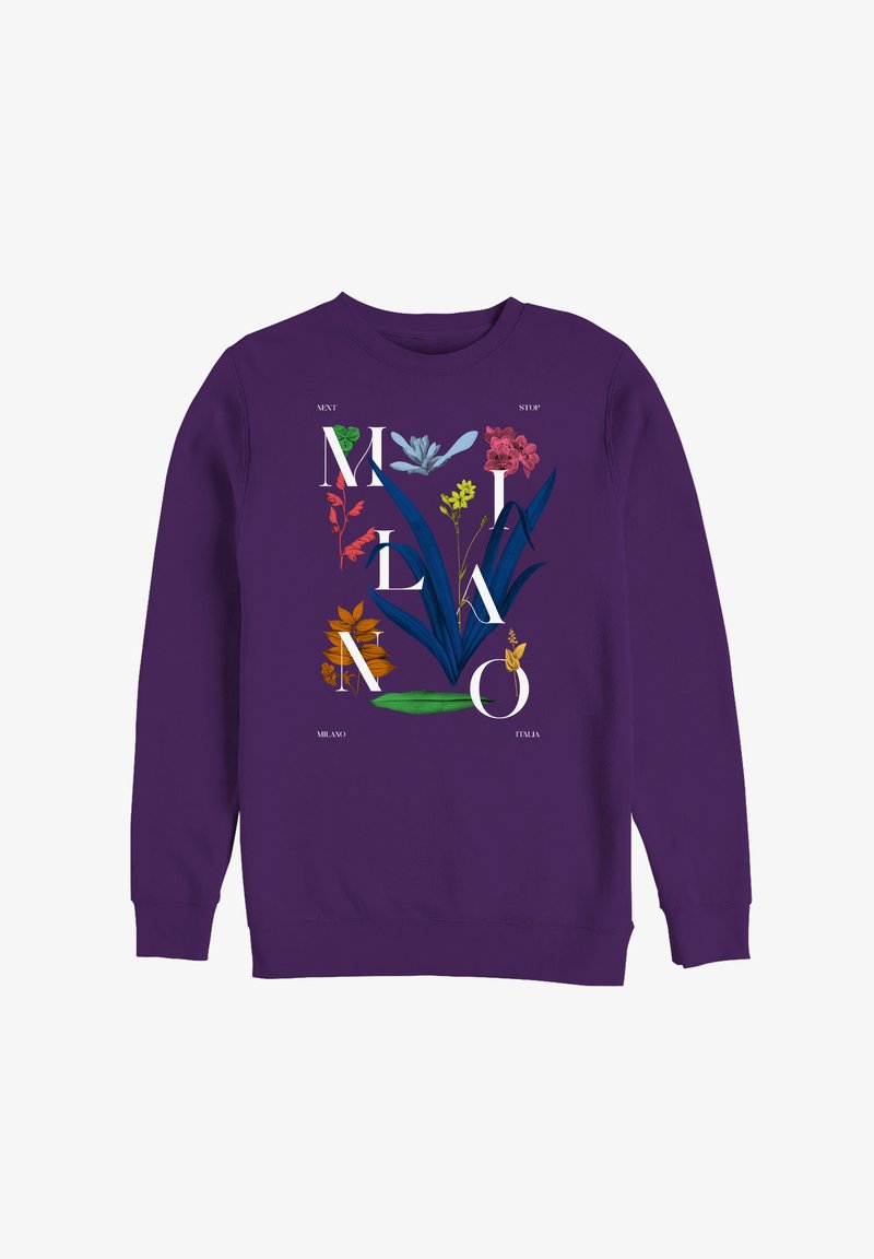 Felpa viola con motivi floreali di vari colori e la parola "MILANO" in grassetto bianco; girocollo con polsini a coste.