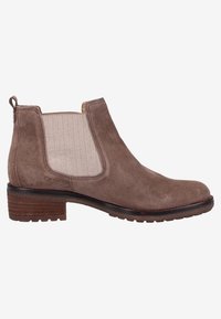 Bottine Chelsea marron en suède avec panneau latéral élastique, languette à l'arrière, talon bas superposé et semelle texturée.