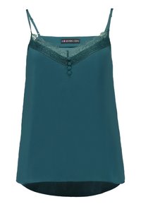Teal camisole, jossa on pitsireunus kaula-aukossa, kolme koristepainiketta edessä ja säädettävät ohuet olkaimet. Sileä rakenne.