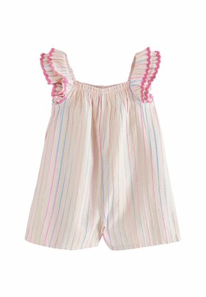 Ærmeløs babyheldragt med pink, blå og orange lodrette striber og flæsekantede skulderstropper med pink kant.