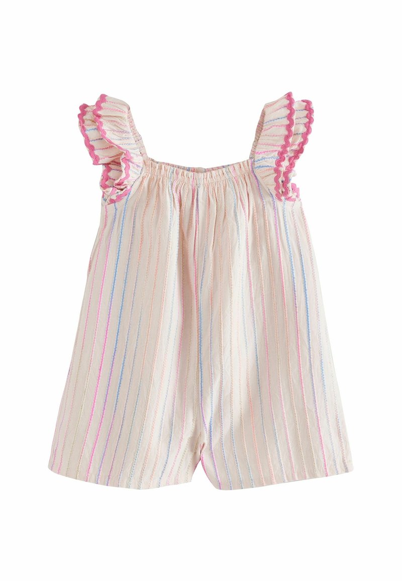 Combinaison bébé sans manches avec des rayures verticales roses, bleues et orange et des bretelles volantées bordées de rose.