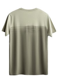 Olive green cotton t-shirt with short sleeves, featuring a subtle gradient design and graphic elements at the back near the neckline.