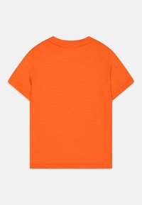 Oransje t-skjorte med korte ermer og rund hals, laget av glatt bomullsstoff, med en ensfarget bakside og rene sømdetaljer.