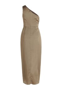 Brązowa sukienka na jedno ramię o dopasowanym kroju, wykonana z gładkiego materiału, z bocznym zamkiem błyskawicznym i plisami dla dodatkowego wykończenia.