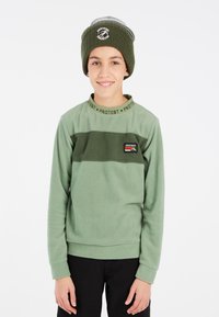 Žalias fliso megztinis su tamsiai žalia horizontalia juosta ir kalnų logotipu, derinamas su žaliai pilku megztu kepurėliu. Juodos kelnės.