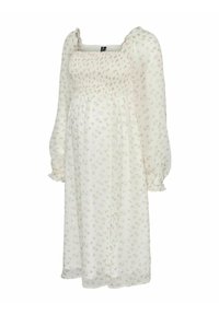 Robe florale blanche avec un décolleté carré, corsage smocké, longues manches bouffantes et ourlet froncé. Présente de petits motifs de fleurs roses sur l'ensemble.