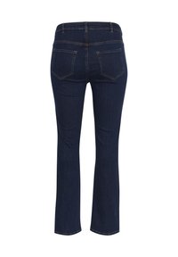 Dark blue denim jeans with a straight cut, featuring two back pockets and contrasting stitching, smooth texture, and a standard waistband.