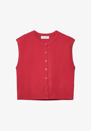 Rood gebreid vest met korte mouwen, geribbelde zoom en knoopsluiting. Gladde textuur met zes bijpassende knopen aan de voorkant.