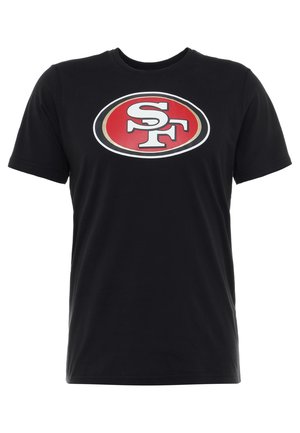 Black cotton t-shirt featuring a large red and white oval logo with "SF" in the center. Short sleeves and a classic crew neck design.