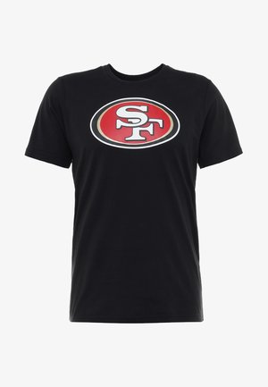 Black cotton t-shirt featuring a large red and white oval logo with "SF" in the center. Short sleeves and a classic crew neck design.